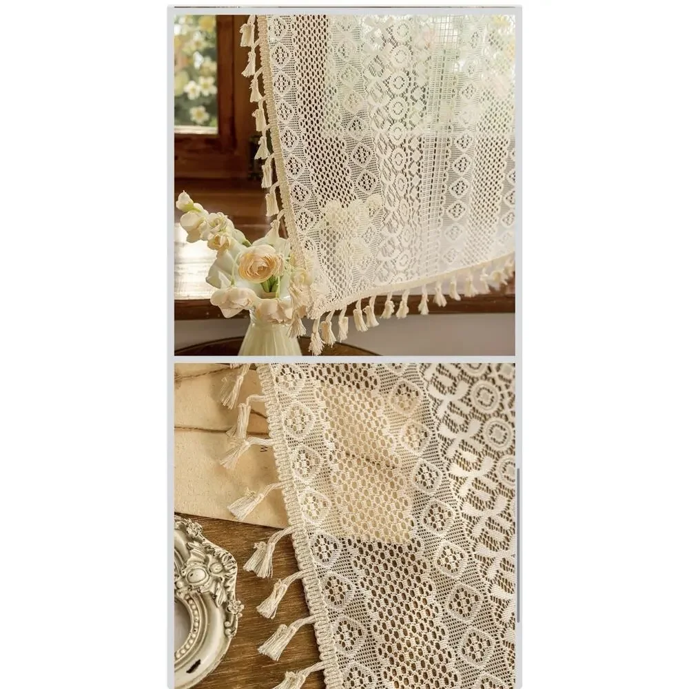 2 Panels Boho Lace Short Kitchen Curtains 50X36 Cafe Laundry Room, Beige New